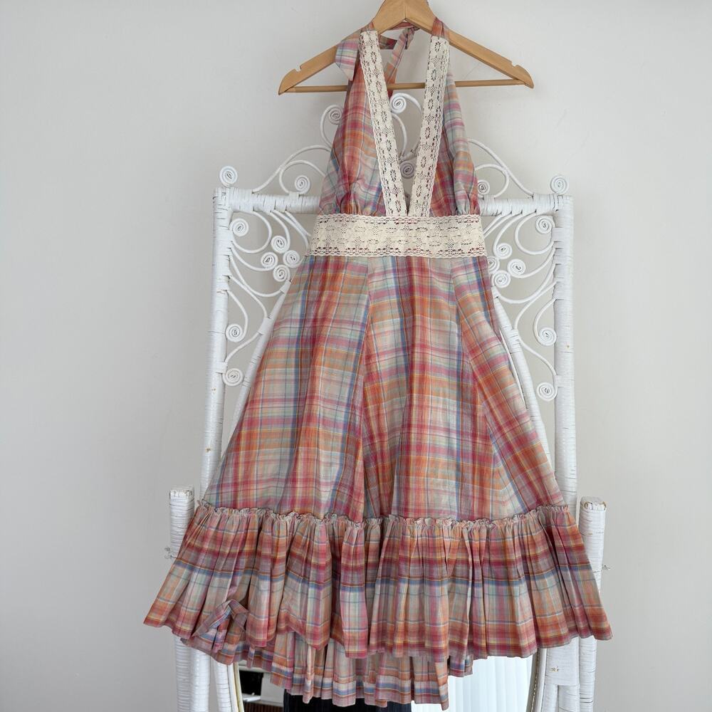 Vintage Cottagecore Dress Large Plaid Halter Crochet Milkmaid Boho Prairie Y2K - Picture 6 of 14